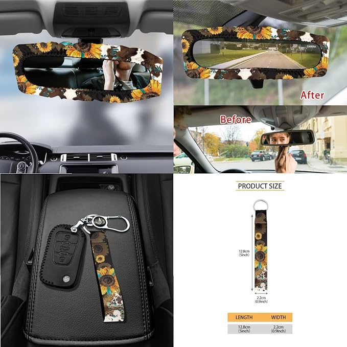 Wanyint Aztec Sunflower Leopard Cow Print 15 PCS Car Seat Covers Set, with Car Seat Protector Steering Wheel Cover Seat Belt Covers Trash Bin Sunglasses Pocket Rear View Mirror Cover Coasters Keychain