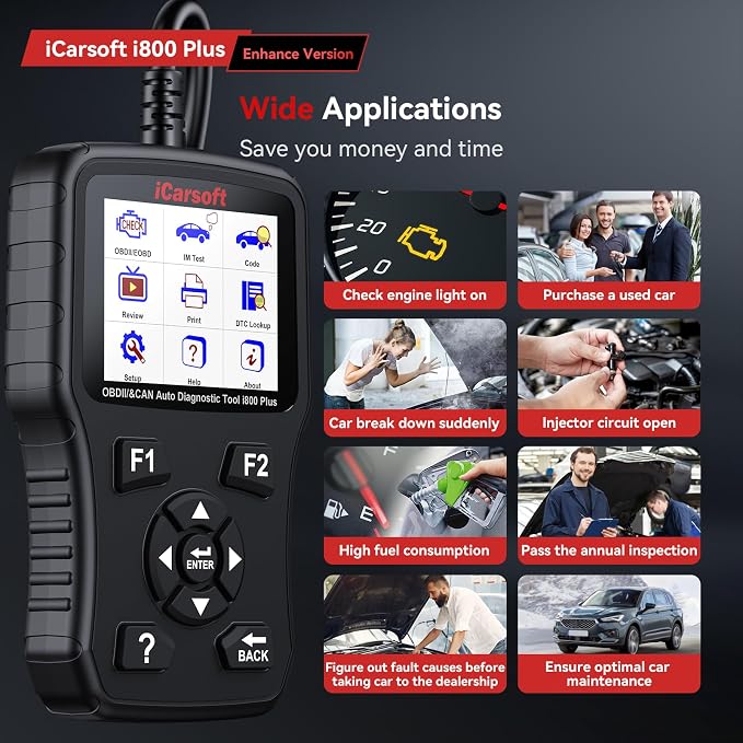 iCarsoft i800 Plus OBD2 Scanner Diagnostic Tool with Component Test/118 Live Data/Reset CEL/Battery Test/Freeze Frame/VIN, Code Reader for All Cars Full OBD2 Functions, Fuel System Scan Tool para Auto