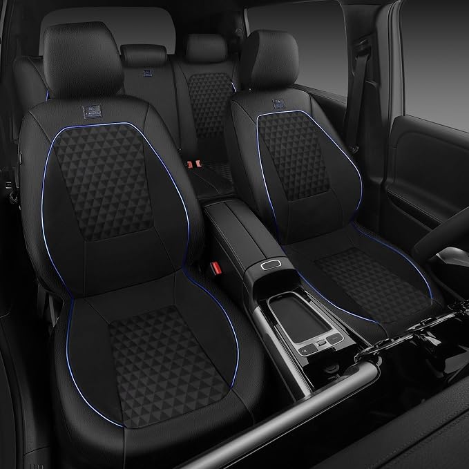 CAR PASS Leather Car Seat Covers Gel Wetsuit PU Full Set Seat Covers Waterproof EVA All Weather Neoprene Universal Fit Pickup SUV Truck Sedan Automotive, Armrest Airbag Compatible, Rhombic Blue Strip