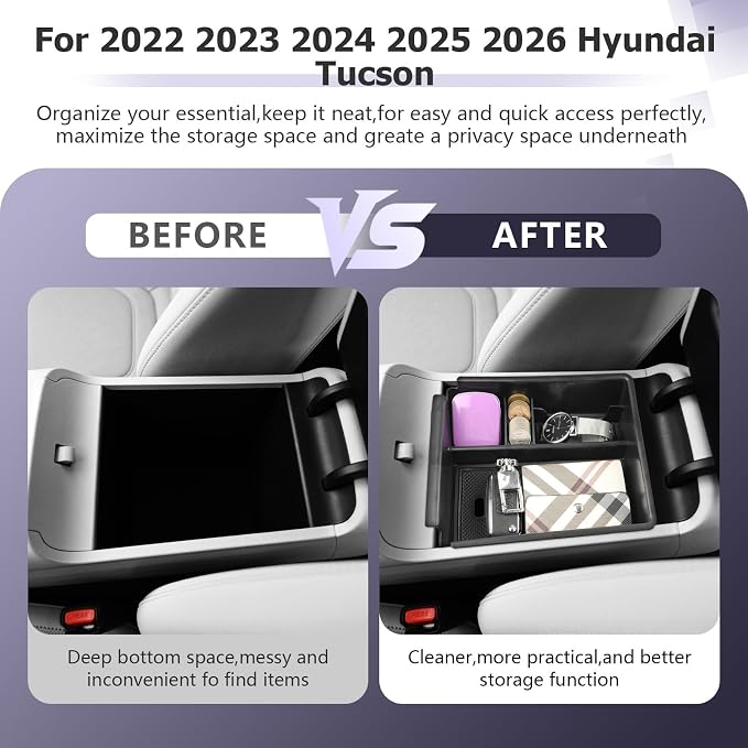LUWU 2026 Tucson Accessories Center Console Organizer for 2022-2026 Hyundai Tucson Armrest Box Organizer Tray Only Fit for Tucson with Automatic Transmission - NOT for 2025-2026 Tucson Hybrid/Limited