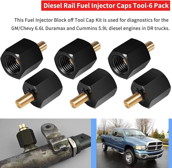 EN-47589-02 9011 Diesel Rail Fuel Injector Cap/Fuel Pressure Test/Block Off Adapter Tool Set Alt for 2003-2009 Ram 2500, 3500 Cummins 5.9L/2001-2005 GMC Chevy Duramax 6.6L LB7 & More (6PCS)