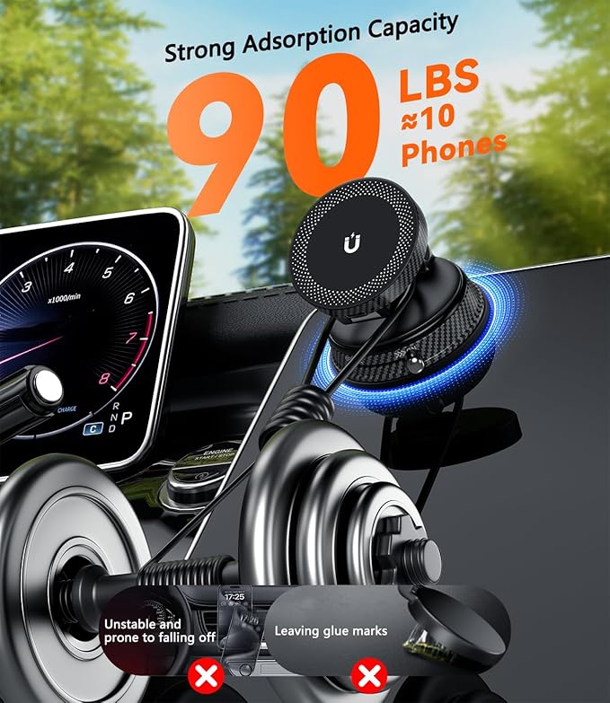 15W Fast Charging Car Phone Holder, [Strong Magnetic & Upgraded Vacuum Suction Cup] 360° Rotation Auto Phone Holder, Car Mount Wireless Charger for Magsafe iPhone 17-12 Series