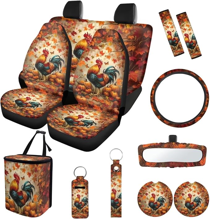 Suobstales Rooster Chicken Pumpkin Maple Leaves Print 13 PCS Car Accessories Thanksgiving Decor Car Seat Covers Steering Wheel Cover Coasters Keychains Trash Bin Seat Belt Pads Rear View Mirror Cover