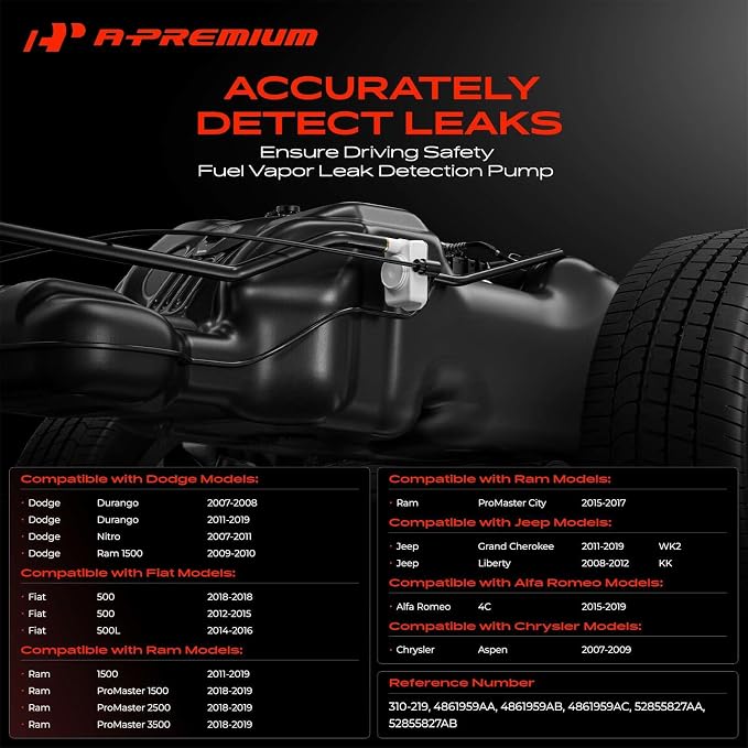 A-Premium Fuel Vapor Leak Detection Pump Compatible with Jeep Grand Cherokee WK2 2011-2019, Liberty KK 2008-2012 & Dodge Durango, Nitro, Ram 1500 & Fiat 500 500L & Chrysler & Ram, Replace# 4861959AA