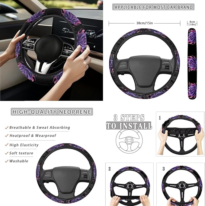 Purple Rose 15 PCS Car Seat Cover Set with Auto Steering Wheel Cover Seat Belt Strap Protector Cup Holder Trash Bag Rear View Mirror Protector Keychain