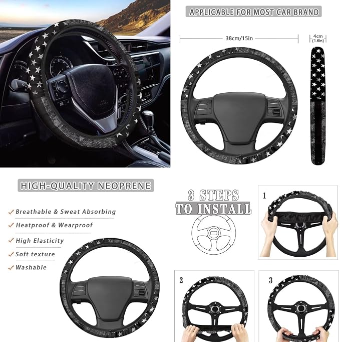 8 Pcs Gray American Flag Car Accessories Set, Car Seat Covers Full Set with Auto Steering Wheel Cover Center Console Pad Seat Belt Covers, Patriotic Decorations