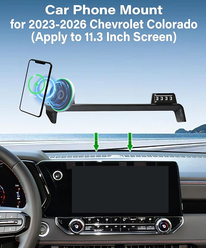 Car Phone Holder for Chevrolet Colorado 2023 2024 2025 2026 Accessories 15W MagSafe Fast Wireless Charger Cell Phone Mount Apply to 11.3 Inch Touch Screen Fixed Clip 360° Rotation