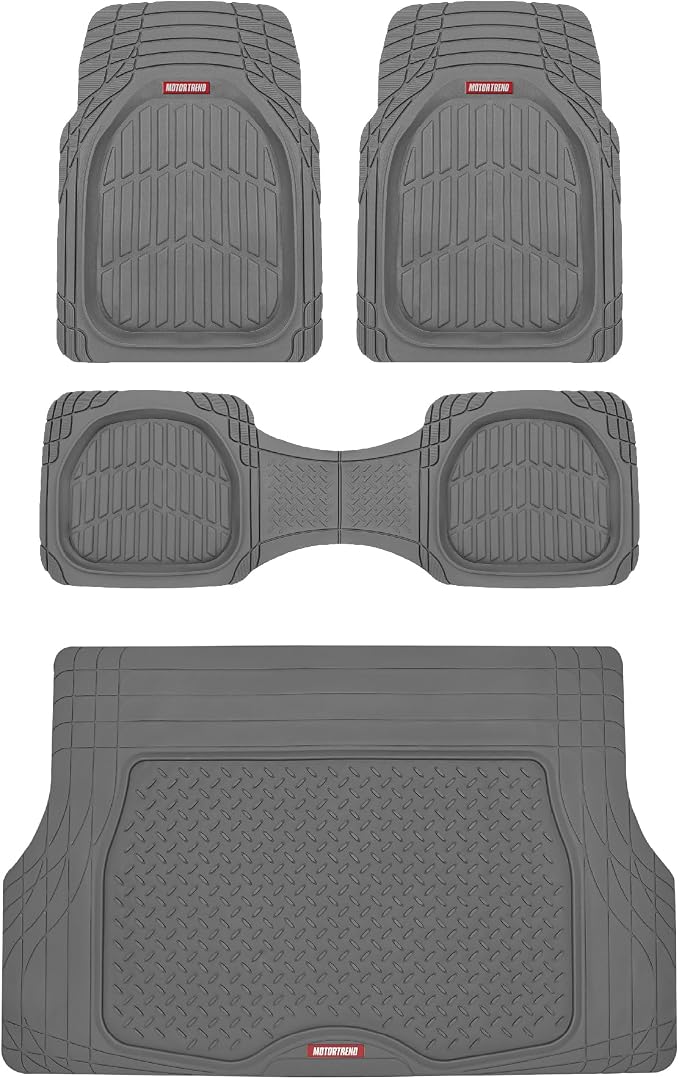 Motor Trend FlexTough 4-Piece Heavy Duty Floor Mats for Cars Trucks SUVs, Automotive Floor Mats Car Mats Full Set Front, Rear & Cargo, Trim-To-Fit Semi-Custom Deep Dish All Weather Rubber Mats - Gray
