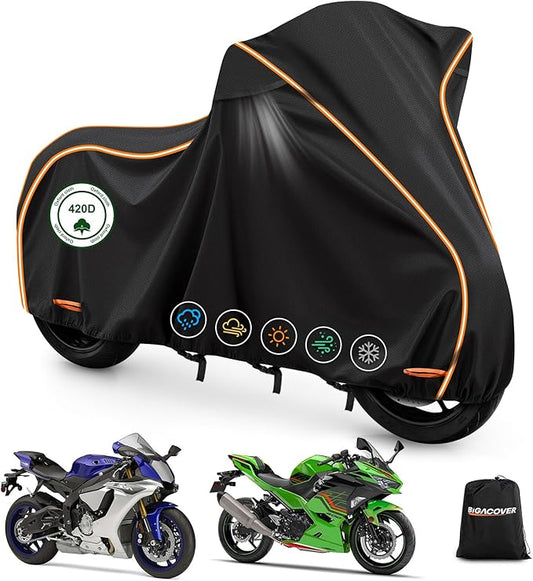 Motorcycle Cover for Kawasaki Ninja 400/500/650 Z900 ZX6R, Yamaha R1/R3/R6, BMW F900R Outdoor Heavy Duty 420D Waterproof Windproof Sport Street Bike All Weather Protection (No Trunk Models)