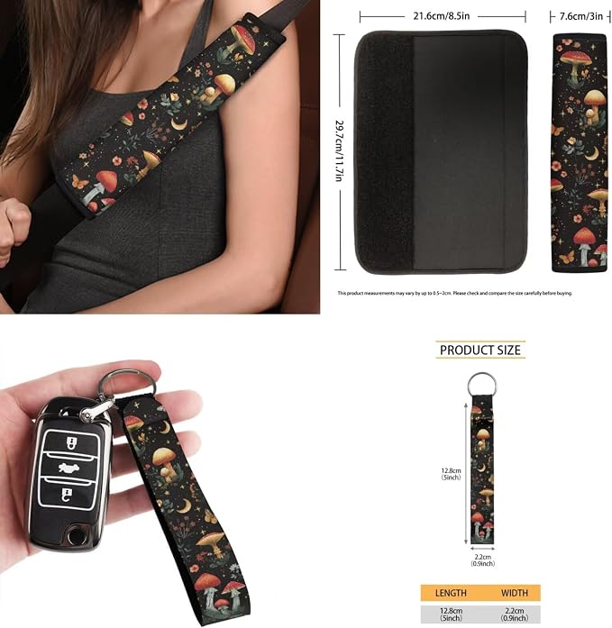Moon Mushroom Car Seat Covers Set of 15 with Universal Steering Wheel Cover, Rearview Mirror Cover, Car Trash Can, Seatbelt Pads, Cup Holder Coasters, Keychains