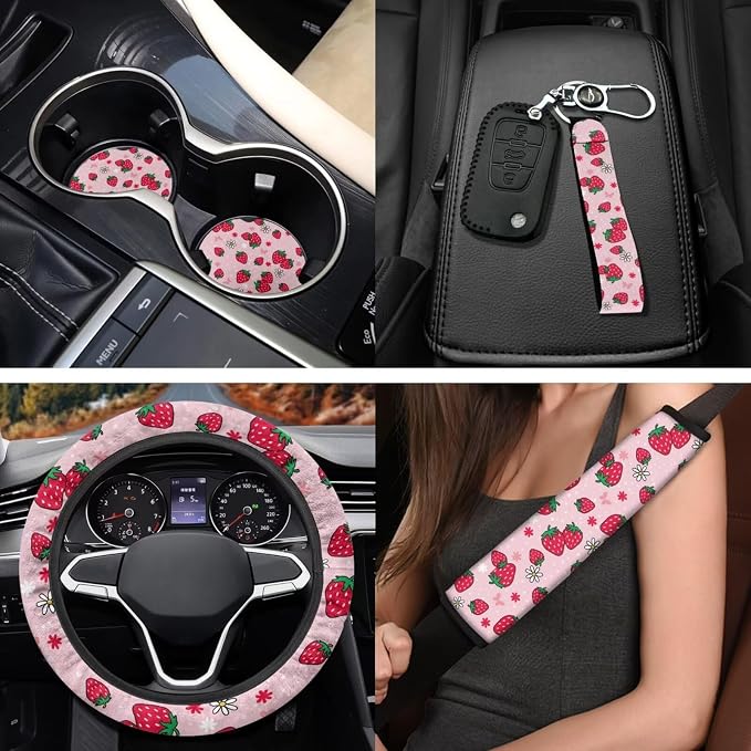 Cute Strawberry 11 Pieces Car Seat Covers Sets with Auto Seat Belt Cover Steering Wheel Cover Gear Lever Cover Hand Brake Cover Car Decor Accessories Fit for Cars SUV