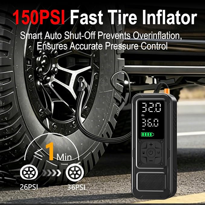 1000A Portable Car Jump Starter with Air Compressor, 150PSI Smart Tire Inflator for Cars, Trucks & SUVs, 12V Battery Booster with LCD, USB-C Fast Charging, LED Emergency Light &