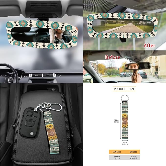 Wanyint Car Seat Cover Set 15 PCS, with Steering Wheel Seat Belt Strap Rear View Mirror Cover Trash Can Cup Coaster Keychain Air Vent Storage Bag Universal Fit, Aztec Highland Cow Sunflower Blue