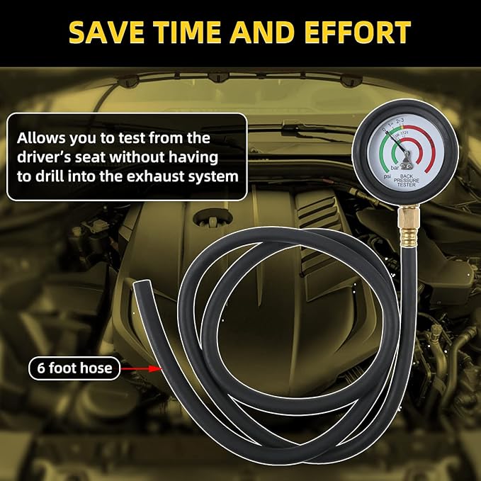 CMTOOL Exhaust Back Pressure Tester Kit with Carton Packaging, Professional Car Exhaust Back Pressure Gauge with 6-Foot Hose, with Adapter & Hose Clamp