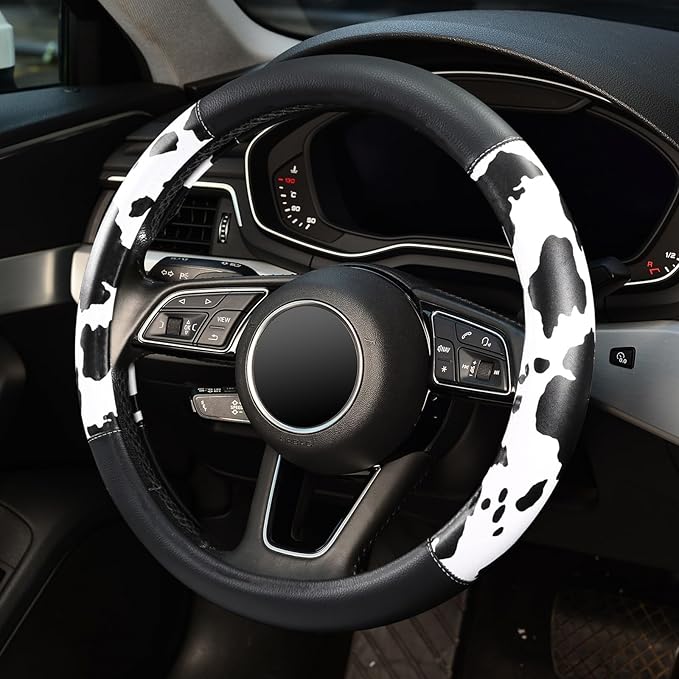 Cow Print Steering Wheel Cover, Universal 14.5-15 inch Breathable Microfiber Leather Anti-Slip Car Steering Wheel Protector for Women Men, Black&White