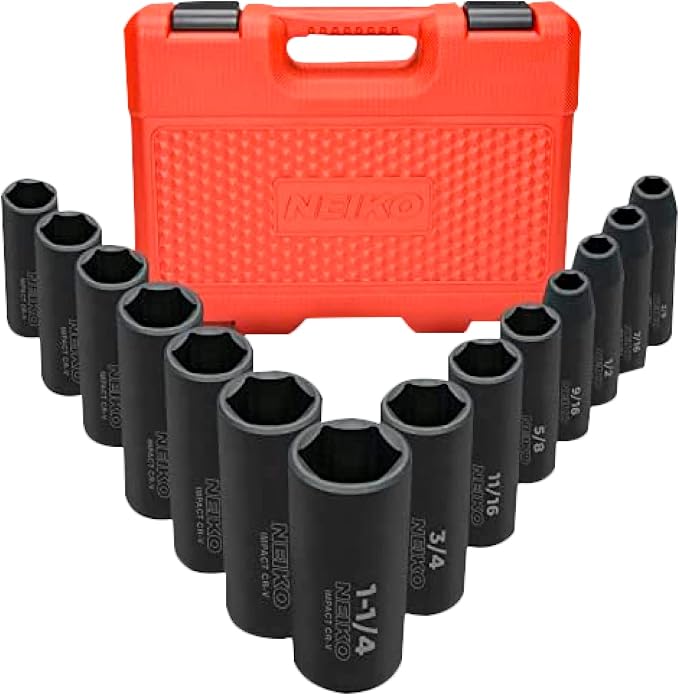 Neiko 1/2" Impact Socket Set, 14 Piece SAE Deep Socket Set (3/8-Inch to 1-1/14") and 15 Piece Metric Deep Socket Set (10-24 mm)