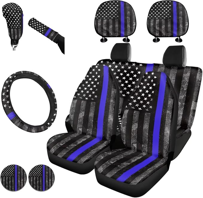 KEIAHUAN USA Flag Car Seat Covers Car Accessories with Cup Coasters/Hand Brake and Gear Shift Knob Cover/Steering Wheel Cover/Headrest Covers Universal Fit for Vans Sedans SUV Truck