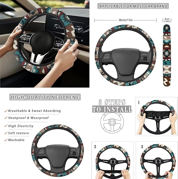 Southwestern Aztec Car Seat Covers Set of 15 with Universal Steering Wheel Cover, Rearview Mirror Cover, Car Trash Can, Seatbelt Pads, Cup Holder Coasters, Keychains