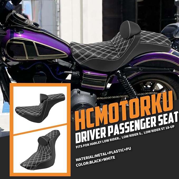 Motorcycles Driver Passenger Seat Cushion Pad One-Piece Seat Leather Pillion with Driver Backrest Fit for Harley Low Rider FXLR FXLRS Sport Glide FLSB 2018-Up (White Stitching)