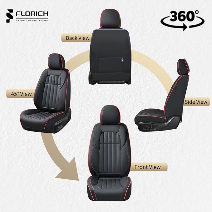 FLORICH Leather Seat Cover, Car Seat Covers Full Set, Waterproof Car Seat Protectors 5 Seats, Front and Rear Seat Covers for Cars, Automotive Seat Protector Fit for Most Cars Trucks - BlackRedLine
