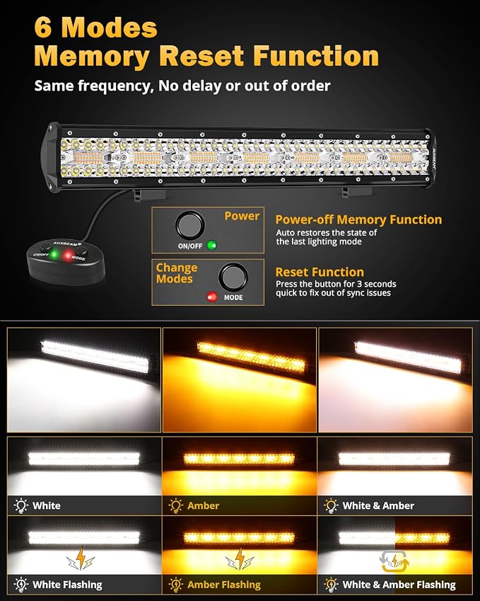 Auxbeam 6 Modes Amber White Series 20-Inch LED Light Bar for Jeep Truck ATV | 420W flashing strobe light, Spot flood combo offroad light, Warning emergency multi-function, dual color off-road lighting