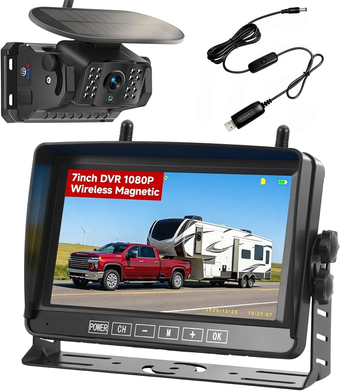 Magnetic Wireless Backup Camera for RV - 15000mAh Battery Solar Powered Reverse Camera System with 1080P 7in Monitor, 500ft Stable Range 4CH Split Screen for Horse Trailer Truck Pickup Tractor