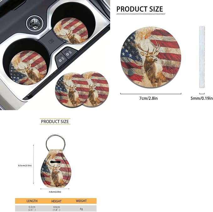 Xoenoiee American Flag Hunting Deer Pattern 11 Pcs Car Accessories Seat Cover Full Set, Steering Wheel Cover, Front & Rear Seat Cover, Seat Belt Pads, Cup Coaster, Key Chains - Universal Fit