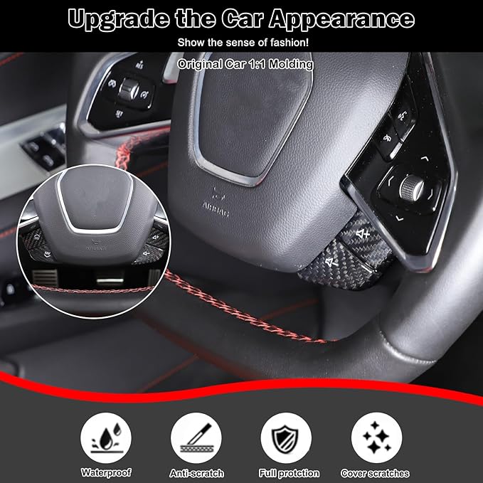 Dry Carbon Fiber Central Control Steering Volume Button Cover Compatible with Corvette C8 2020-2025 Accessories 4Pcs Center Consoles Steering Button Panel Sticker Decorative Interior Trim (Black)
