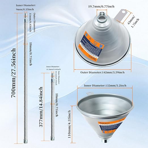 3Pcs 14.84" & 27.56" Steel Bendable Spout Funnel with Filter & Long/Short Hoses for All Automotive Oils, Flexible Long Funnels for Automotive Use for Transmission Fluid, Diesel Fuel, and Other Liquids