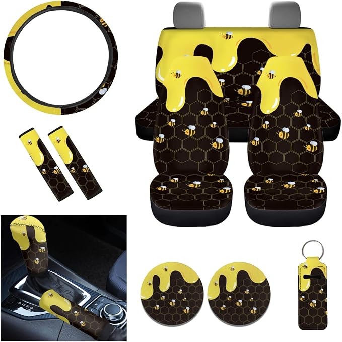Cute Bee Honey Cartoon Car Seat Covers for Front Rear Full Set + Auto Steering Wheel Cover + Seat Belt Pads + 2Pcs Coasters + Keychains + Gear Shift Cover Universal fit SUV Truck Vans Sedans