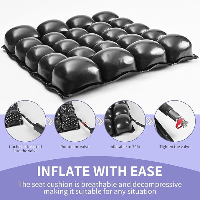 Cushions for Pressure Sores on Buttocks - 17 x 17 Inches Wheelchair Cushion for Pressure Relief - Inflatable Air Seat Cushion for Long Sitting, Office Chair, Car Seat, Travel