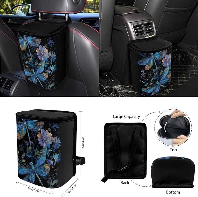 Blue Floral Dragonfly Car Seat Covers Full Set 15 Pcs Universal Seat Covers Front and Back with Steering Wheel Cover Seat Belt Pad Trash Can Car Headrest Pillow Covers Armrest Pad