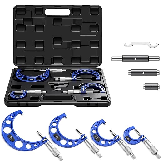Outside Micrometer Set 0-4" Range, 4-Piece Precision Micrometer Measuring Tools with Carbide Tips, 0.0001" Graduation, Includes Standards & Case