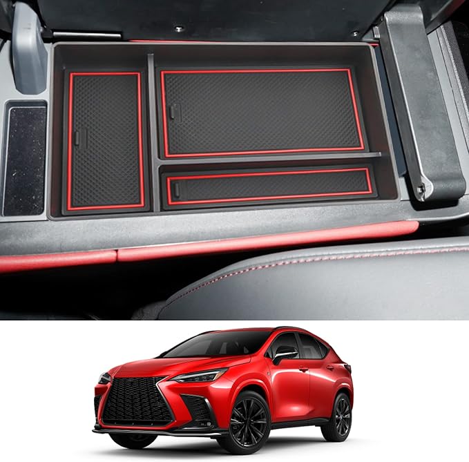 CDEFG Center Console Organizer Tray for 2022 2023 2024 Lexus NX 250 350H 450H Accessories Armrest Storage Box Secondary Insert Tray Coin Container Black ABS Material with 1 Colored Mats (Red Trim)