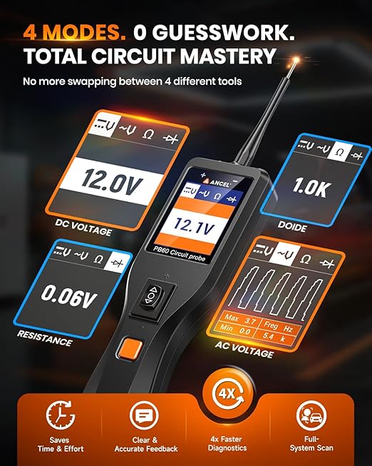 ANCEL PB60 Automotive Power Circuit Probe Tester 12-24V, All-in-One Electrical Diagnostic Tool with Component Activation, Short Finder, Digital Multimeter Ohmmeter Functions for Cars Trucks RVs ﻿