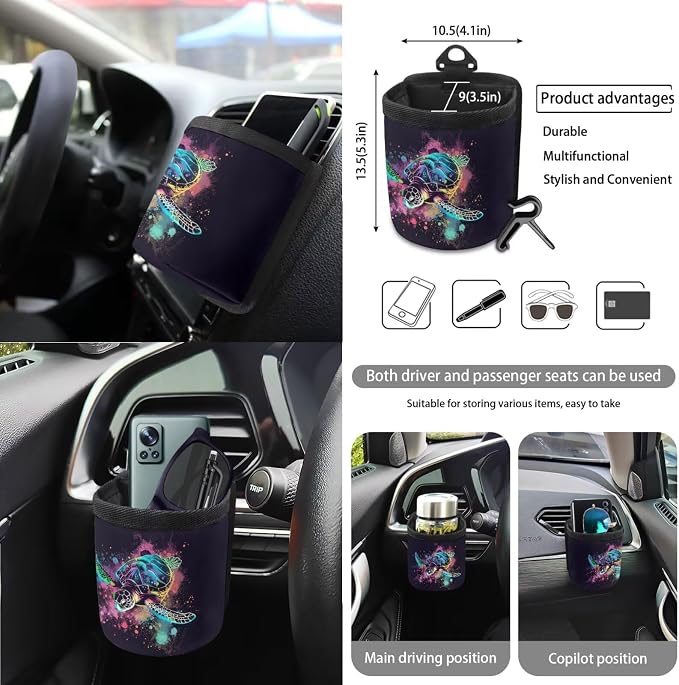 Turtle Paint Spatter Print Car Accessories Set of 15, Auto Seat Protector Steering Wheel Cushion Seat Belt Pad Air Vent Bag Trash Can Keychain Mirror Cover Cup Coasters