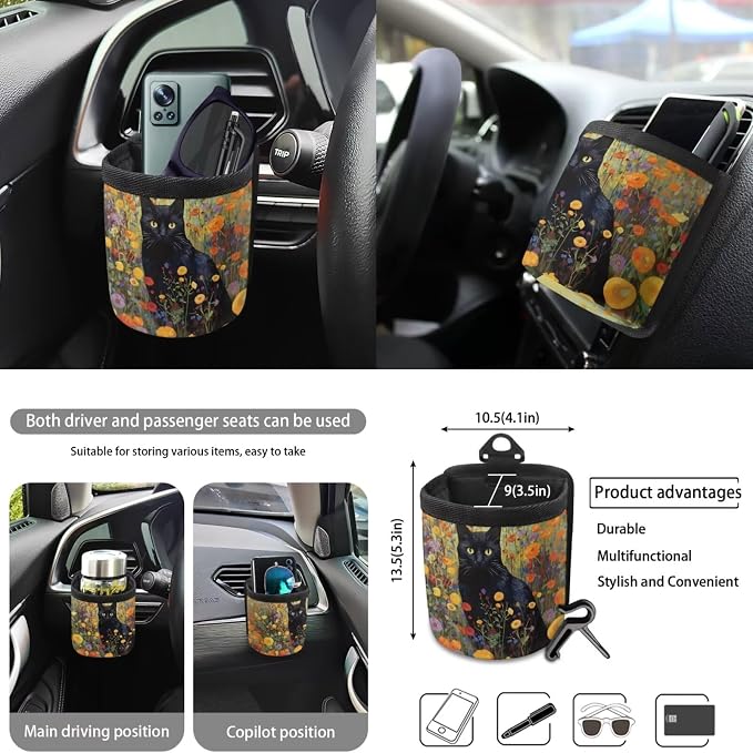 Cat Flower Print Auto Seat Covers Full Set, 10Pcs Car Accessories, Steering Wheel Cover, Air Vent Storage Box, Car Trash Bin, Cup Coasters, Keychain, Universal Fit for SUV Truck Van