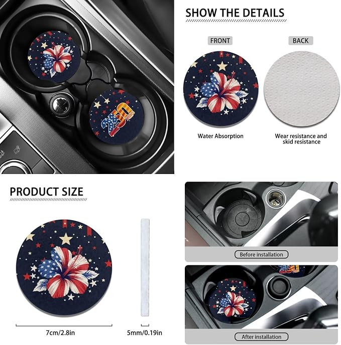 Wanyint Car Seat Cover Set, with Steering Wheel Seat Belt Pads Center Console Handbrake Gear Shift Cover Cup Coaster Holder for US 250th Anniversary, Pack of 12, American Flag Hibiscus Star Stripe