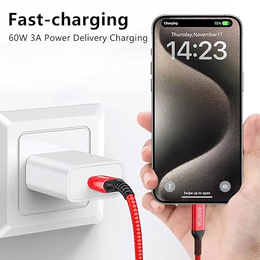 60W USB-C to USB-C Cable 10FT 2Pack, Long Fast Charging Cord Compatible with Apple MacBook Pro/Air, iPad Pro, Samsung Galaxy S23/S22/S21 Ultra and Type-C Car Charging (Red)