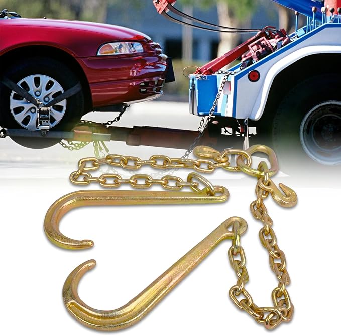 5/16" Grade 70 V-Type Transport Tow Chain w/15 J-Hooks 2Ft Long Shank Legs for Flatbed Truck Tie Trailer Tractor Car Wrecker Tow Chain,4700 Lbs Working Load Limit,G70 Steel Towing Chain Bridle