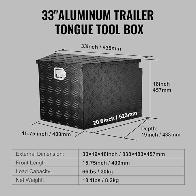 VEVOR Trailer Tongue Box, Heavy Duty Trailer Tongue Tool Box Storage Organizer with Lock & Keys, Utility Tool Chest for Pickup Truck Bed, RV, SUV, Off-Road Vehicle, Aluminum, 33" x 19" x 18", Black