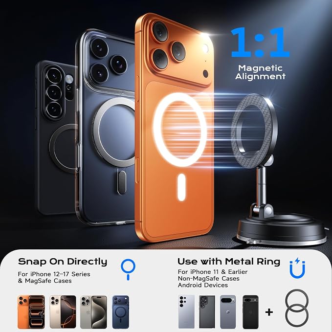 2 in 1 for Magsafe Car Mount [All Surface Ready | 118+LBS Ultra Grip | 2400gf Strong Magnetic] 360° Adjustable Car Phone Holder, Phone Holders for Your Car for All Smartphones, Carbon Fiber