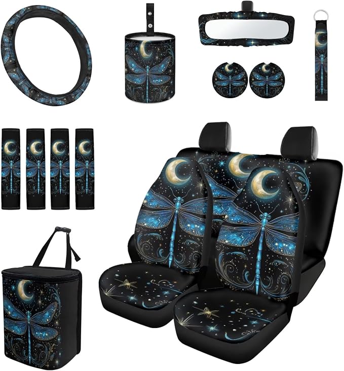Dragonfly Moon Car Seat Covers Full Set for Women Goth Car Accessories - Steering Wheel Cover Seat Belt Pads Car Coasters Trash Bag Rearview Mirror Cover Keychain