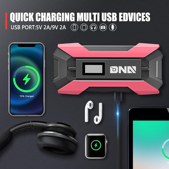 DNA Motoring TOOLS-00267 12V 1500A 15000 mAh Multi-Function Portable Car Battery Jump Starter for Up to 7.0L Gas & 5.5L Diesel Engine, with Carry Case, Pink