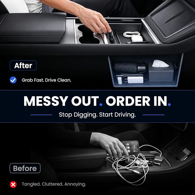 2026 Center Console Organizer for Tesla Model Y Juniper & Model 3 | OEM-Style Fit, Double-Layer Storage, Non-Slip Low-Rattle Mats, Tesla Model Y Juniper 2025-2026 & Model 3 Highland 2024-2026