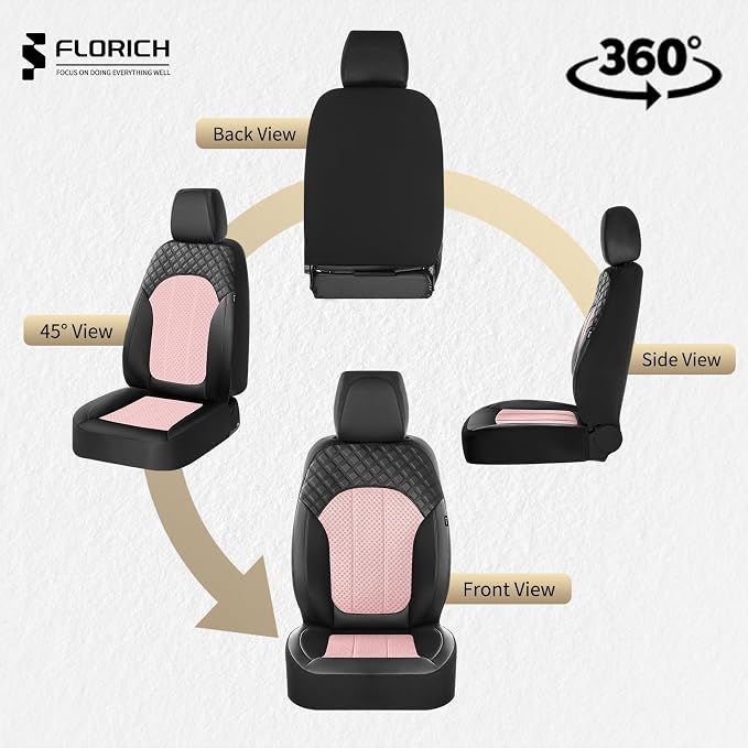 FLORICH Pink Car Seat Covers Full Set Leather Mesh Front and Rear Seat Cover Automotive Seat Cushion 5-Seat Driver Seat Covers Protector Universal Fit for Most Car SUV Sedan Truck, Black&Pink