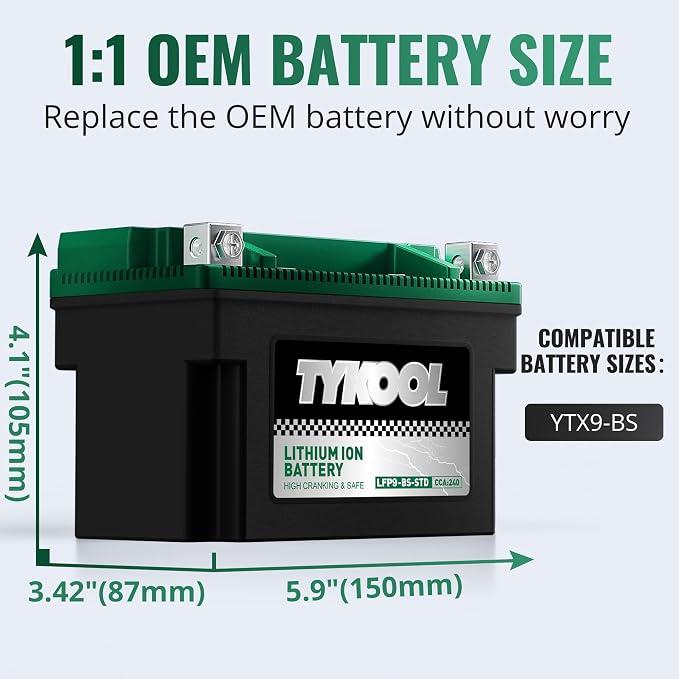 TYKOOL LFP9-BS-STD [+ -] Lithium Powersports Battery 240CCA 4Ah Digital Volt Readout IP66 for Ninja 400 Z650 Honda CBR600F4i KTM Duke 390 Suzuki GSX-R600 GSXR750 Predator 500 Replaces YTX9-BS