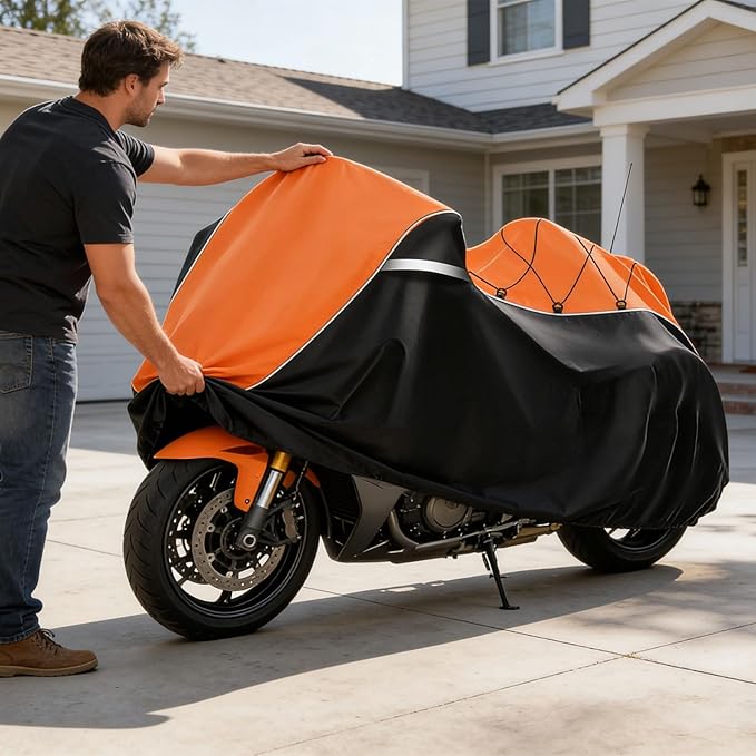 COVERVIN Motorcycle Cover with Side+Top Box Heavy Duty 420D Waterproof for Harley Davidson Ultra Ltd, Road Glide Ltd, Honda Gold Wing, Road Master, Indian, Indoor & Outdoor Storage (Black&Orange)