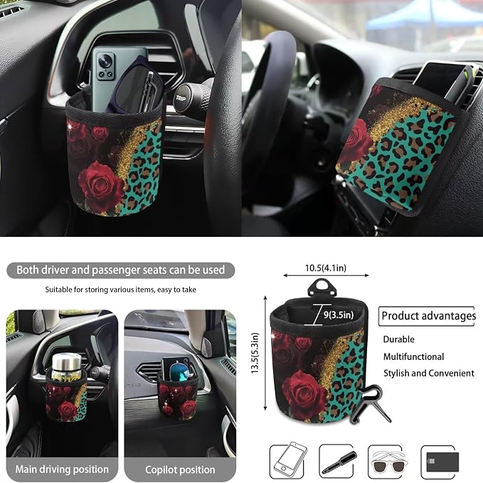 Rose Leopard Pattern Car Accessories Sets 10 Pack Elastic Front Rear Bench Bucket Seat Cover Steering Wheel Cover Car Trash Can Auto Air Vent Storage Coaster and Keychain