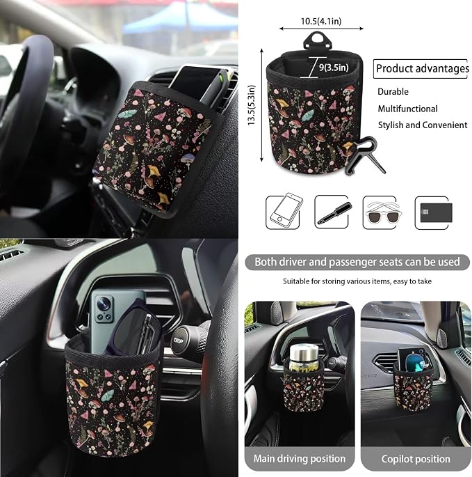 Cottagecore Mushroom Floral Butterfly Car Seat Cover Sets Car Steering Wheel Cover Seat Belt Cover Trash Bin Air Vent Storage Box Front Rear View Mirror Car Cup Holder Keychain 15Pcs
